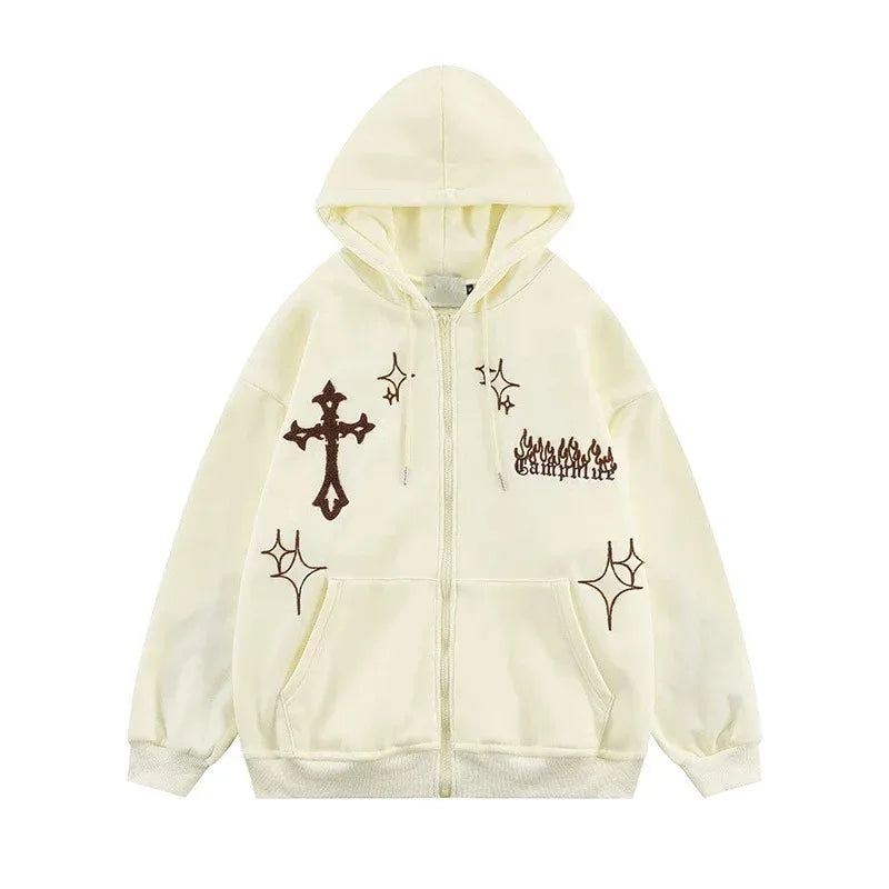 Gothic Embroidery Hoodies Men Retro Harajuku Hip Hop Jacket High Street Zip Up Hoodie Casual Loose Sweatshirt Clothes Y2K Tops