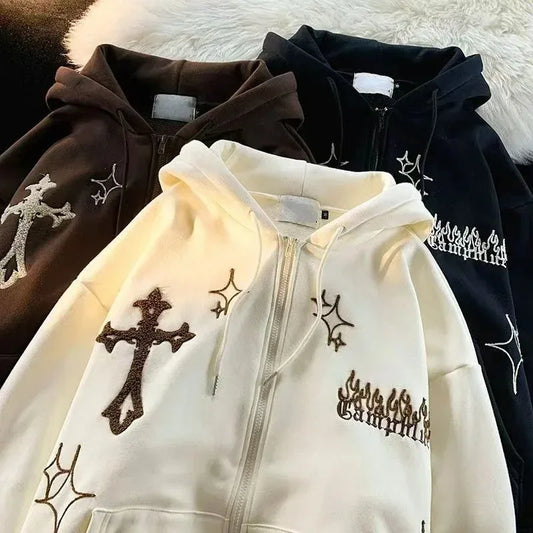Gothic Embroidery Hoodies Men Retro Harajuku Hip Hop Jacket High Street Zip Up Hoodie Casual Loose Sweatshirt Clothes Y2K Tops